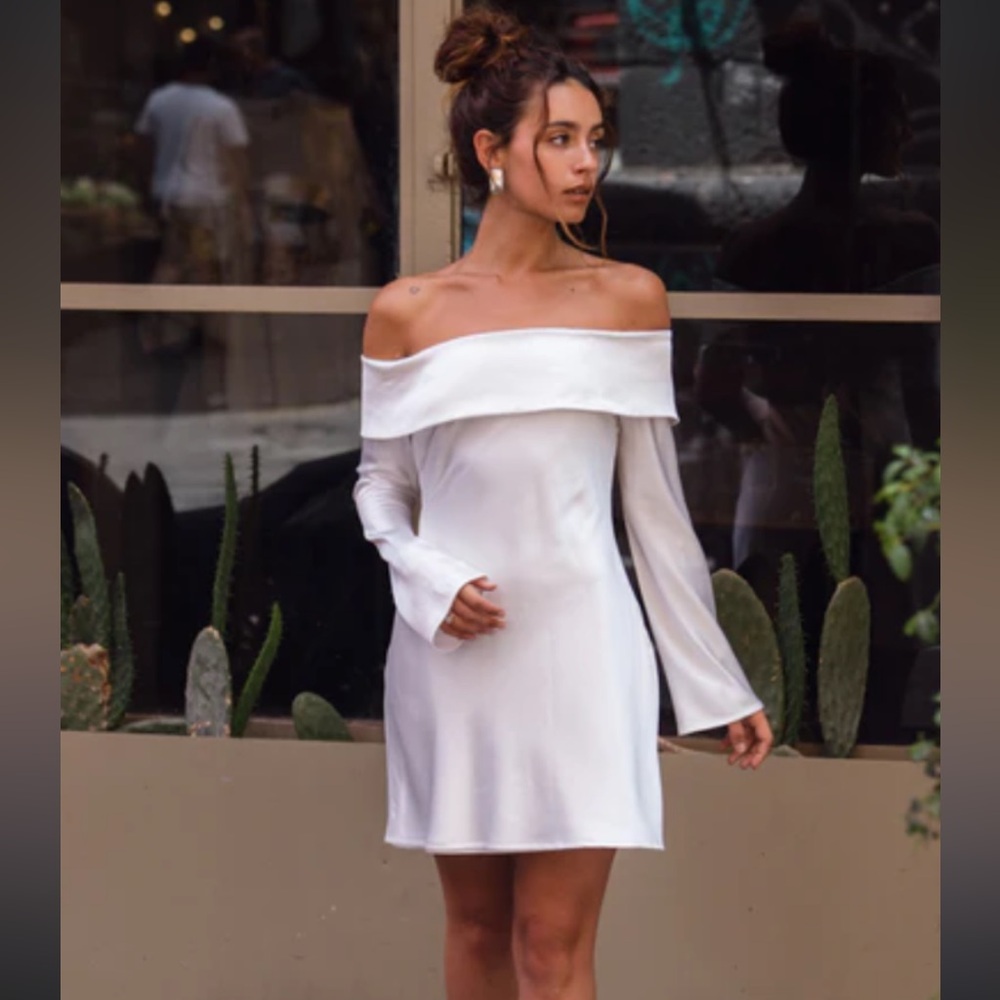 Celia White off shoulder satin dress